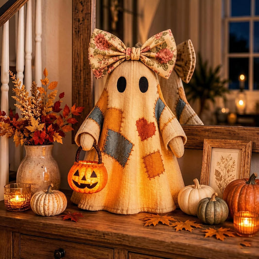 Lighted Patchwork Ghost Lamp – Vintage Halloween Pumpkin Lantern Decor