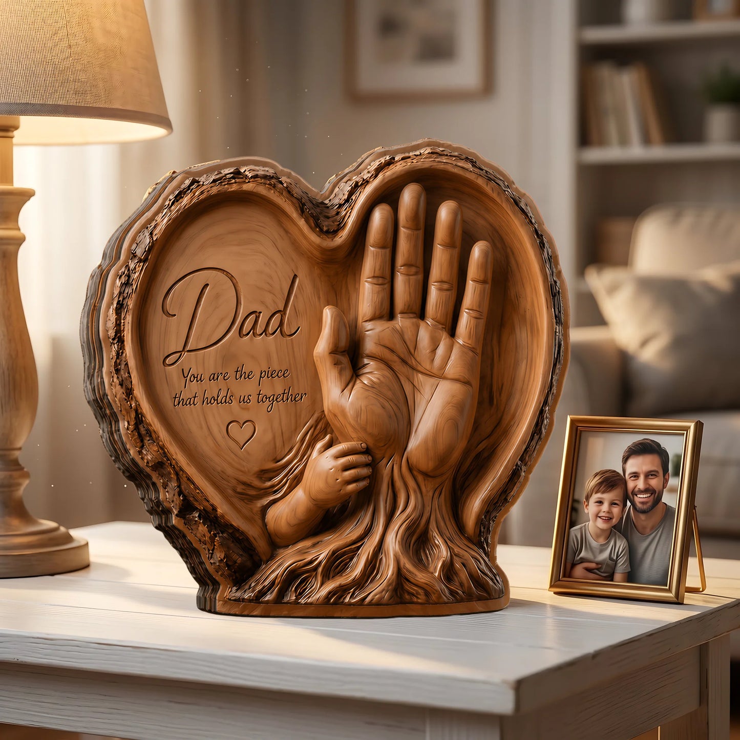 Custom Wooden Heart Plaque - Personalized Dad & Kids Hands Carved Gift For Father's Day - You Are The Piece That Holds Us Together