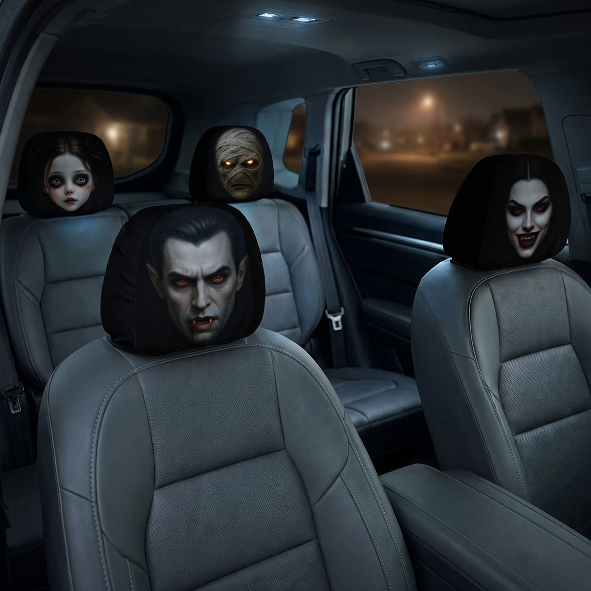 Custom Halloween Car Headrest Covers - Personalized Horror Car Decor - Your Creepiest Passenger
