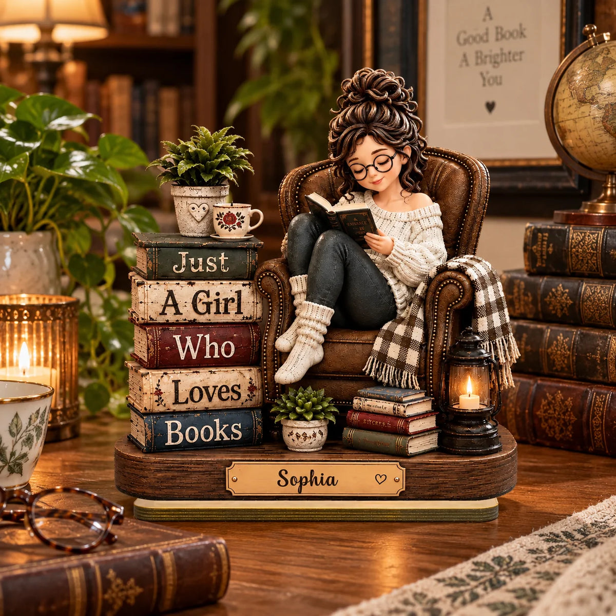 Custom Reading Girl Wooden Block - Personalized Gifts For Bookworms - Lost In Her Favorite Chapter