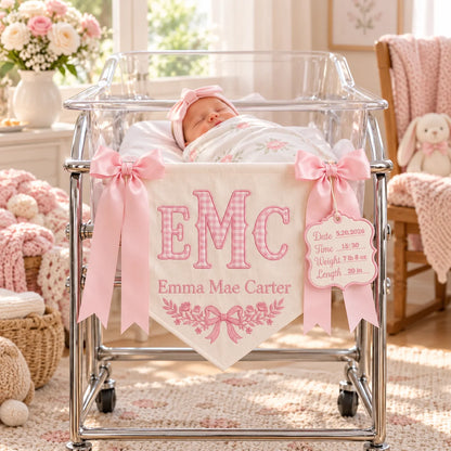 Custom Monogram Baby Banner - Personalized Newborn Name & Birth Stats Gift - Tiny Name, Big Love